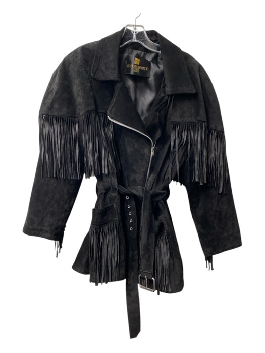 Helen Frushtick Size Est L/XL Black Suede Fringe Long Sleeve Zip front Coat Black / Est L/XL