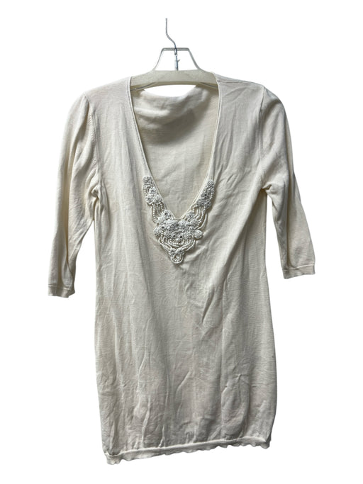 La Perla Size 46 Cream Silk Blend Wide V Neck Half Sleeve Knit Beaded Collar Top Cream / 46