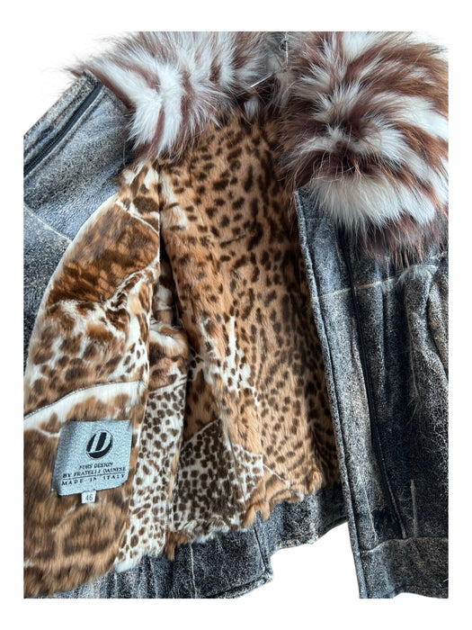 Fratelli Danese Size 46 Gray & Brown Leather Fur Collar Cheetah & Floral Jacket Gray & Brown / 46