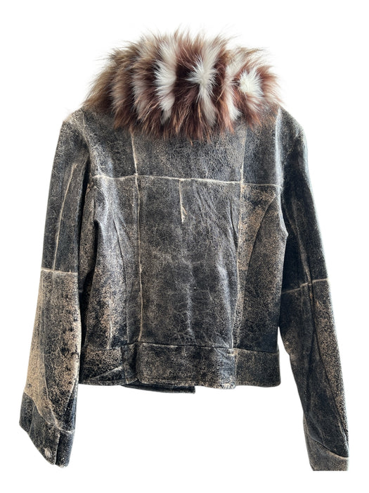 Fratelli Danese Size 46 Gray & Brown Leather Fur Collar Cheetah & Floral Jacket Gray & Brown / 46