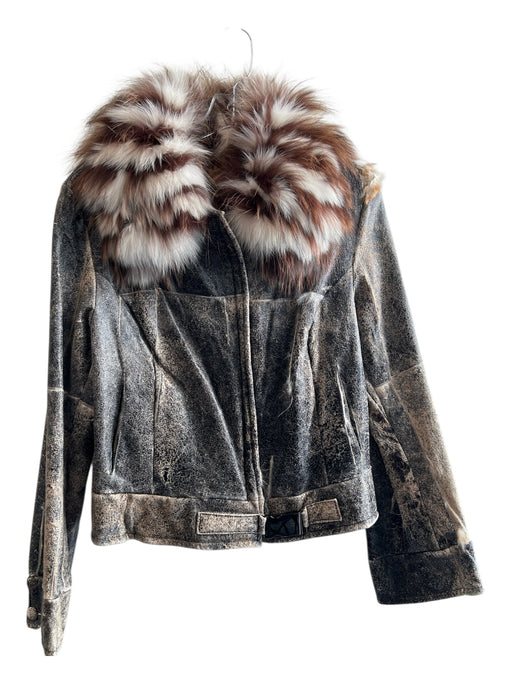 Fratelli Danese Size 46 Gray & Brown Leather Fur Collar Cheetah & Floral Jacket Gray & Brown / 46