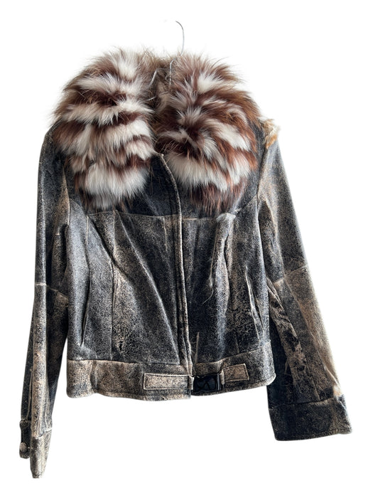 Fratelli Danese Size 46 Gray & Brown Leather Fur Collar Cheetah & Floral Jacket Gray & Brown / 46