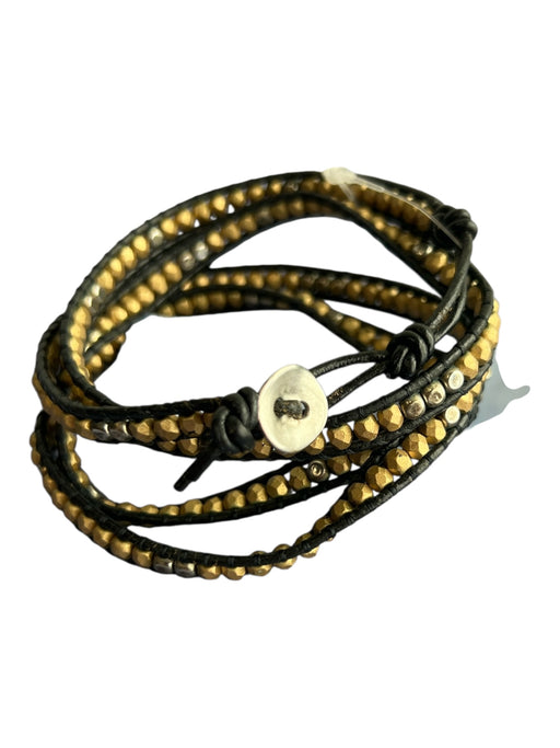 Chan Luu Black & Gold Leather Sterling Silver Beaded Wrap Around Bracelet Black & Gold