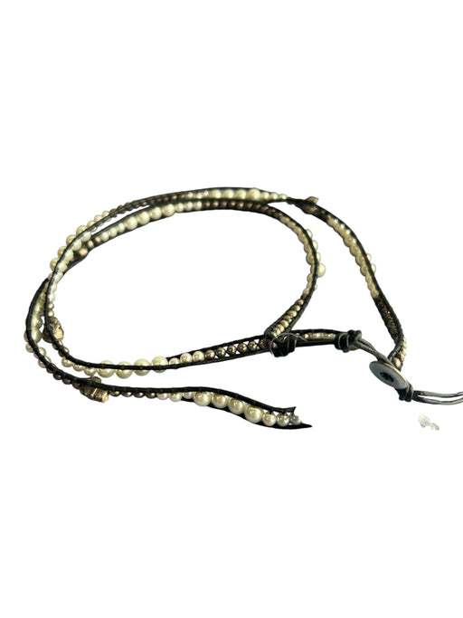 Chan Luu Black & White Leather Sterling Silver Beaded Skull Design Bracelet Black & White