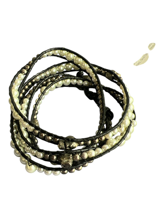 Chan Luu Black & White Leather Sterling Silver Beaded Skull Design Bracelet Black & White