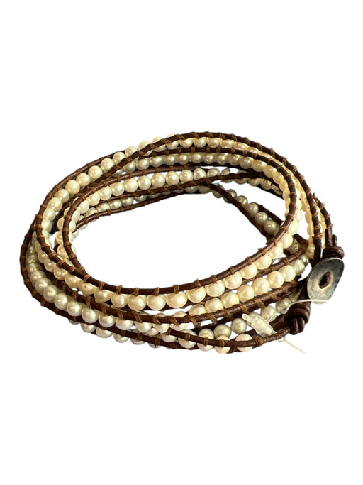 Chan Luu Brown & White Leather Sterling Silver Beaded Wrap Around Bracelet Brown & White