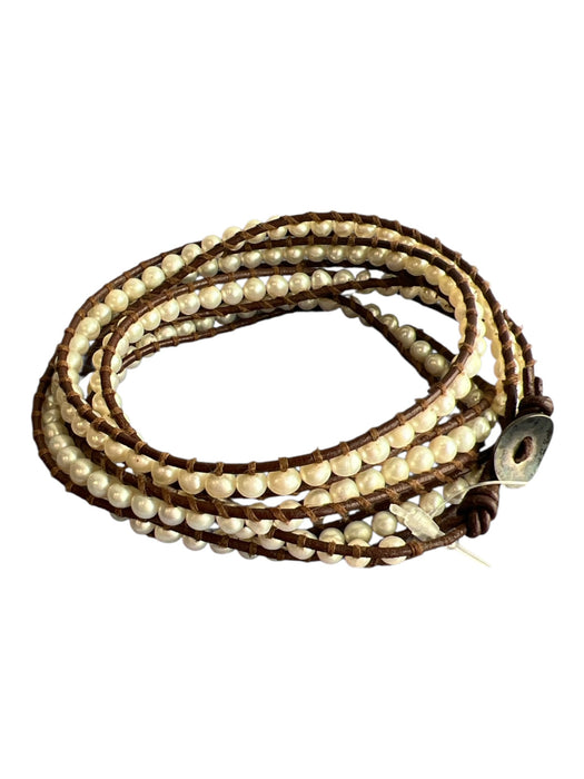 Chan Luu Brown & White Leather Sterling Silver Beaded Wrap Around Bracelet Brown & White