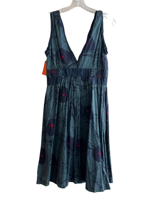 Marc Jacobs Size 6 Green & Blue Cotton V Neck Flower Pin Back Zip Dress Green & Blue / 6