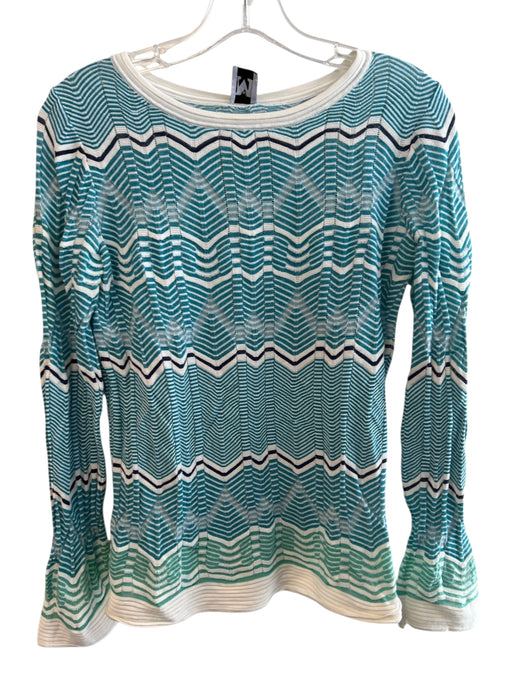 Missoni Size 40 Teal & Cream Cotton Blend Knit Boat Neck Long Sleeve Stripe Top Teal & Cream / 40