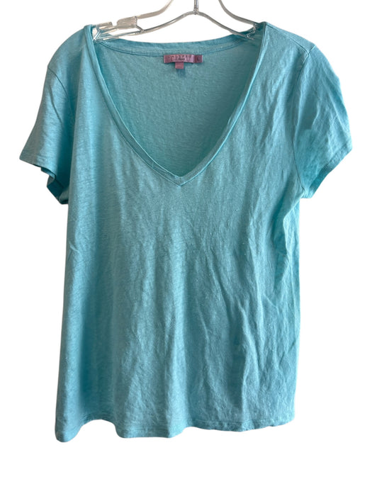 Calypso Size L Aqua Linen Wide V Neck Short Sleeve Tee Top Aqua / L