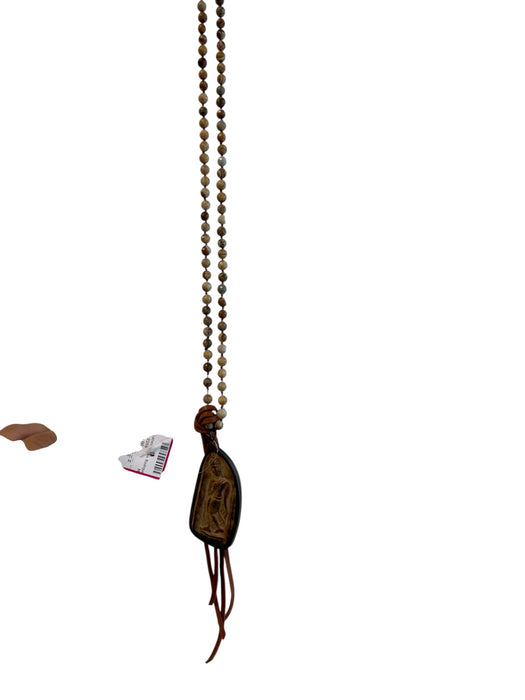 Lizou Brown Beaded Chain Etched Tassle Detail Necklace Brown