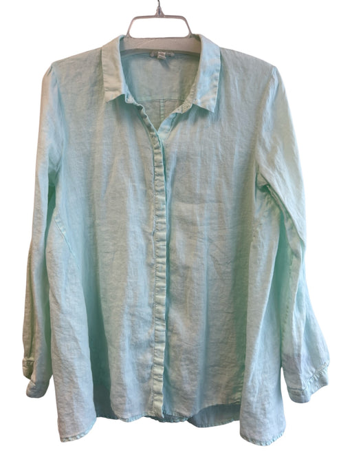 Eileen Fisher Size Medium Teal Linen Button Down Long Sleeve Collared Tunic Top Teal / Medium