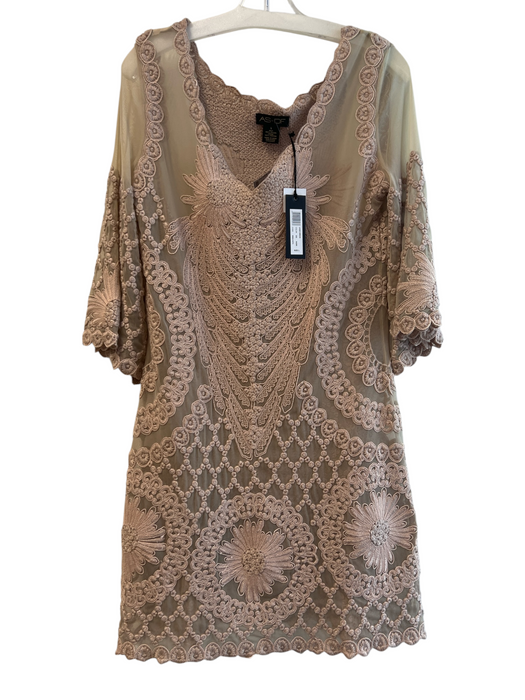 AS by DF Size L Pink Nylon 3/4 Sleeve Embroidered Detail V Neck Semi Sheer Dress Pink / L