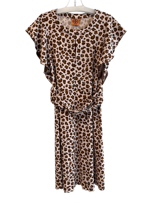 Tory Burch Size M Brown Polyester Ruffle Cap Sleeve Cheetah high neck Midi Dress Brown / M