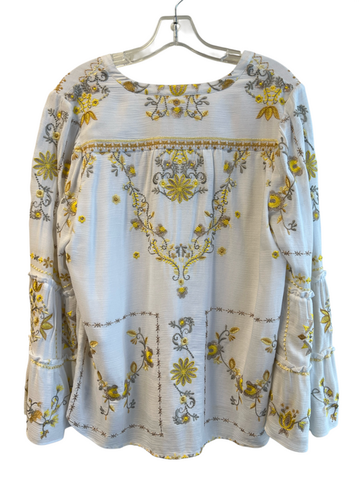 Hale Bob Size L White Cotton Embroidered V Neck Long Sleeve Floral Top White / L