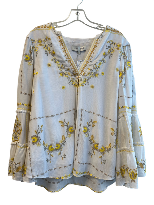 Hale Bob Size L White Cotton Embroidered V Neck Long Sleeve Floral Top White / L