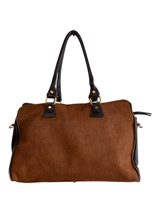 Jenrigo Brown Calf hair Genuine leather Gold Tone Hardware Zipper Purse Brown