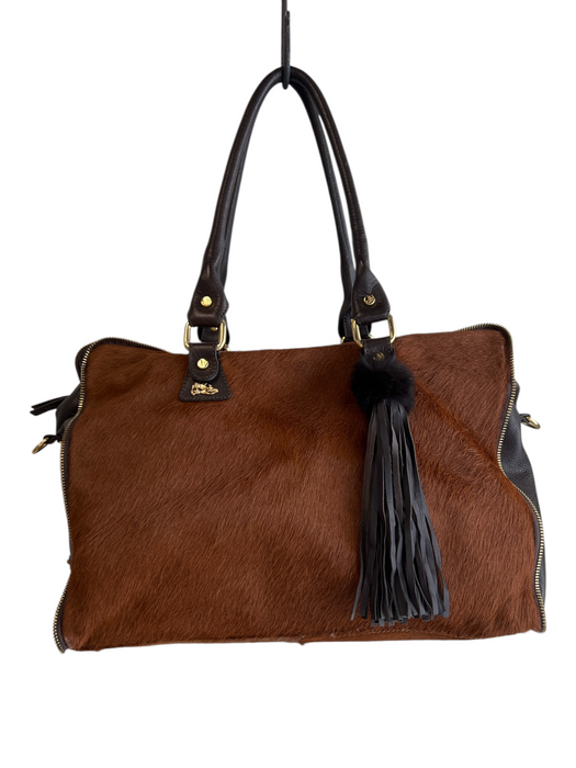 Jenrigo Brown Calf hair Genuine leather Gold Tone Hardware Zipper Purse Brown