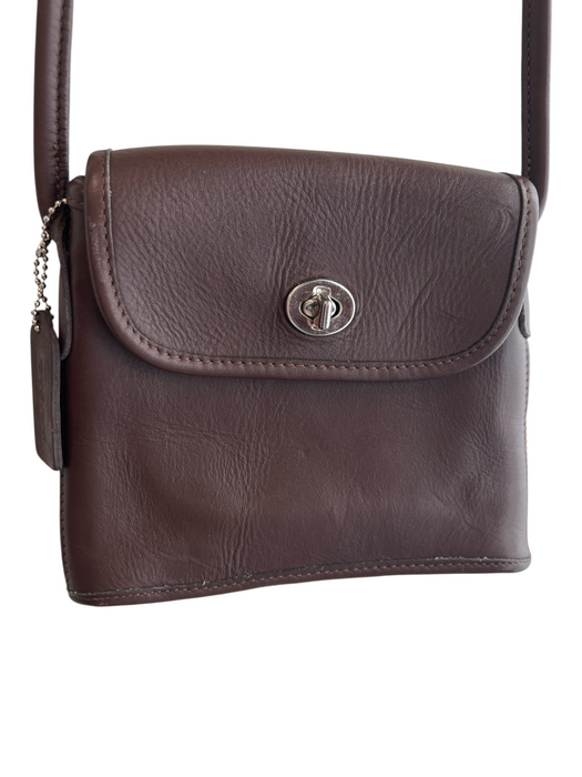 Coach Brown Leather silver tone hardware Turn Lock Cross Body Strap Bag Brown / Mini