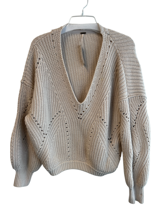 Free People Size S Beige Cotton Blend Knit V Neck Long Sleeve Sweater Beige / S