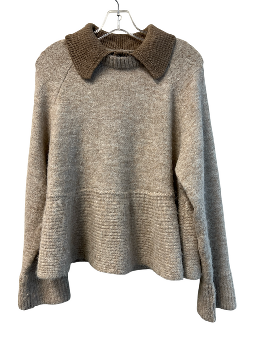 CeCe Size L Beige Polyester Blend Knit Two Tone Collar Detail Pullover Sweater Beige / L
