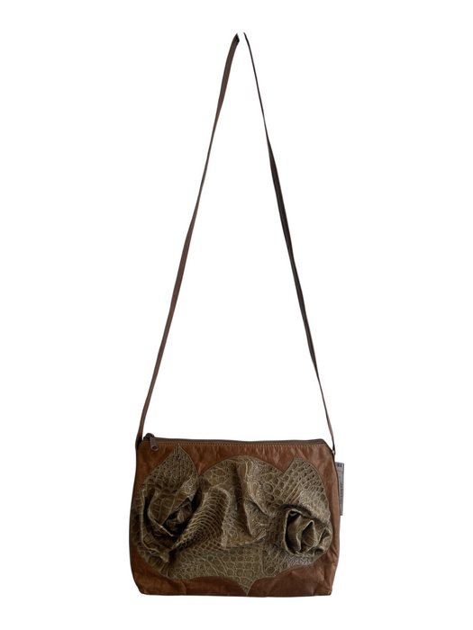 Carlos Falchi Brown Leather & Alligator Top Handle Zip Close rosette Bag Brown / M