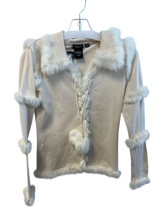 Vermani Size M Cream Silk Blend Fur Accent Lace Up Detail Long Sleeve Top Cream / M