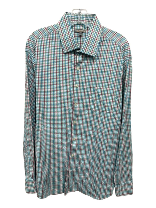 Peter Millar Size XL Blue & Red Synthetic Plaid Button Up Long Sleeve Shirt Blue & Red / XL