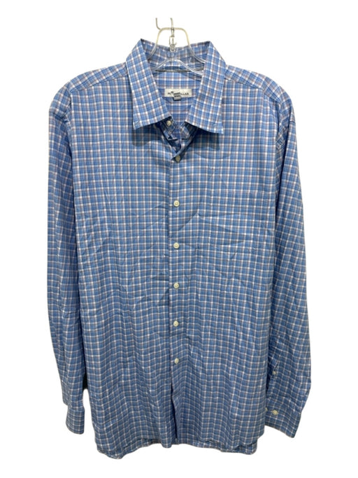 Peter Millar Size XL Blue & White Synthetic Plaid Button Up Long Sleeve Shirt Blue & White / XL