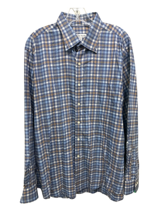 Peter Millar Size XL Blue & Tan Cotton Blend Plaid Button up Long Sleeve Shirt Blue & Tan / XL