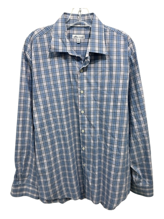 Peter Millar Size XL White & Blue Cotton Plaid Button up Men's Long Sleeve Shirt White & Blue / XL