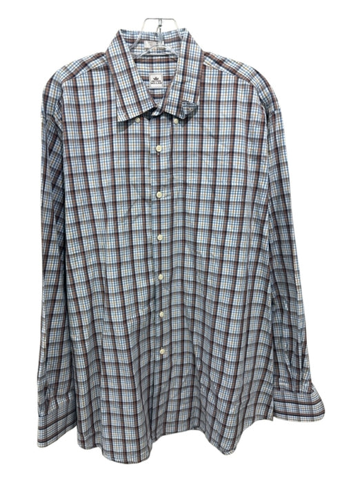Peter Millar Size XL Blue & Tan Cotton Plaid Button up Men's Long Sleeve Shirt Blue & Tan / XL