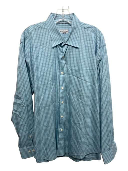 Peter Millar Size XL Light Blue & Blue Print Cotton Plaid Long Sleeve Shirt Light Blue & Blue Print / XL