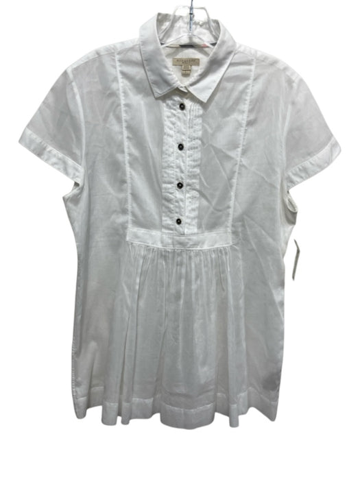 Burberry Brit Size L White Cotton Semi Sheer Quarter Button Pintuck Top White / L