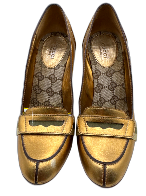 Gucci Shoe Size 6.5 Gold Leather Loafer Stacked Heel Pumps Gold / 6.5