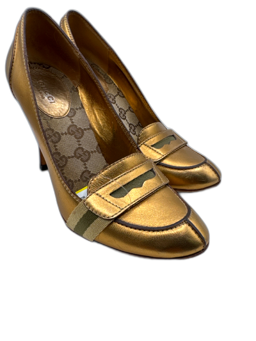 Gucci Shoe Size 6.5 Gold Leather Loafer Stacked Heel Pumps Gold / 6.5