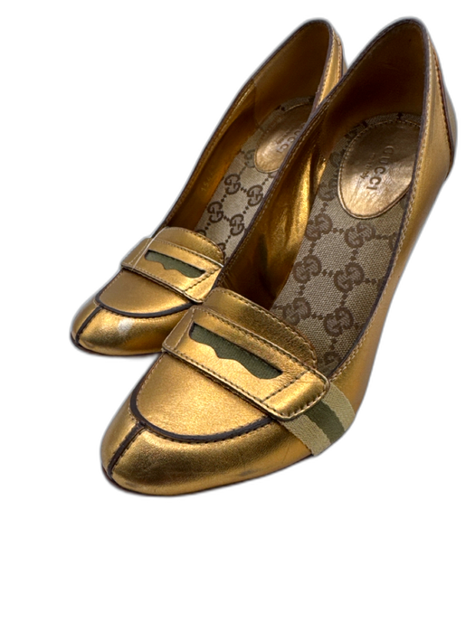 Gucci Shoe Size 6.5 Gold Leather Loafer Stacked Heel Pumps Gold / 6.5