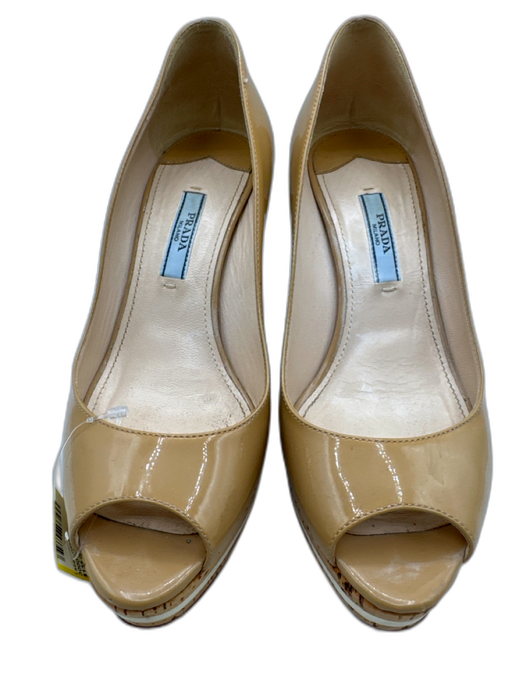 Prada Shoe Size 6.5 Beige Patent Leather Cork Peep Toe Wedges Beige / 6.5