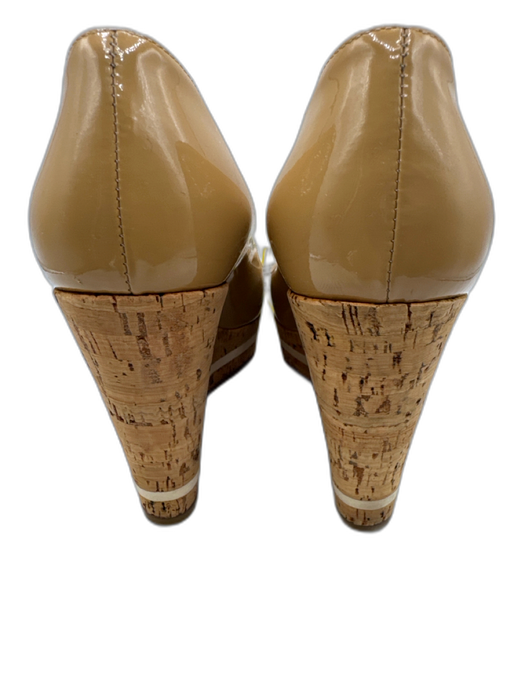 Prada Shoe Size 6.5 Beige Patent Leather Cork Peep Toe Wedges Beige / 6.5