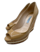 Prada Shoe Size 6.5 Beige Patent Leather Cork Peep Toe Wedges Beige / 6.5