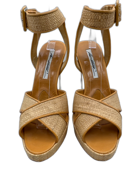 Brian Atwood Shoe Size 37 Beige & Clear Leather Lined Raffia Lucite Heel Sandals Beige & Clear / 37