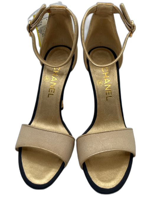 Chanel Shoe Size 37 Black & Gold textile upper gold metal accent Sandals Black & Gold / 37