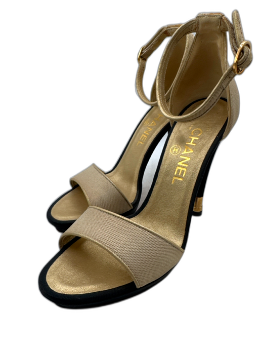 Chanel Shoe Size 37 Black & Gold textile upper gold metal accent Sandals Black & Gold / 37