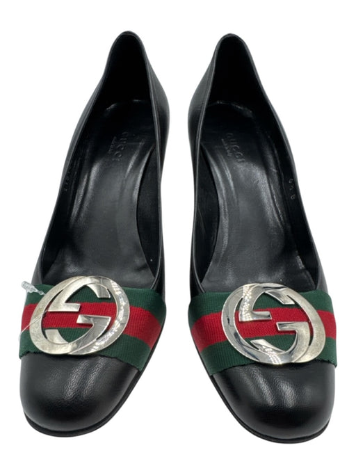 Gucci Shoe Size 6.5 Black, Green & Red Leather Upper Gucci Web Block heel Pumps Black, Green & Red / 6.5