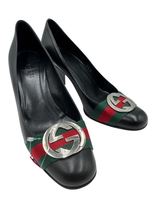 Gucci Shoe Size 6.5 Black, Green & Red Leather Upper Gucci Web Block heel Pumps Black, Green & Red / 6.5