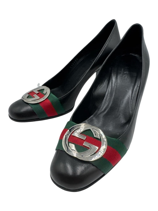 Gucci Shoe Size 6.5 Black, Green & Red Leather Upper Gucci Web Block heel Pumps Black, Green & Red / 6.5