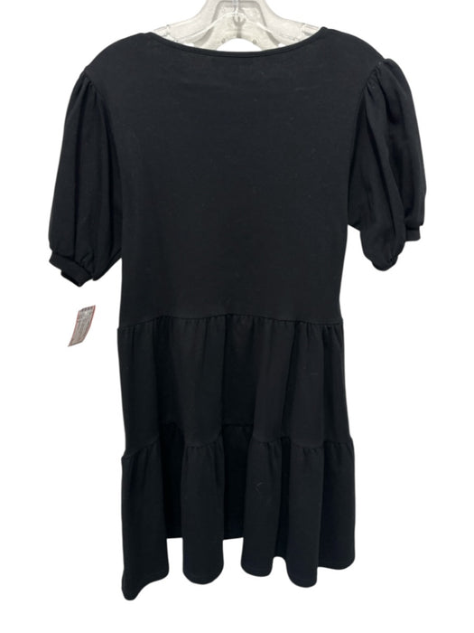Saks Fifth Ave Size S Black Cotton Short Puff Sleeve V Neck Knee Length Dress Black / S