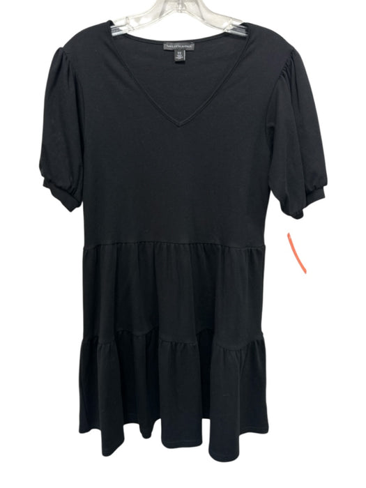 Saks Fifth Ave Size S Black Cotton Short Puff Sleeve V Neck Knee Length Dress Black / S