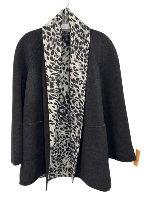 St John Size S Black & Grey Wool & Angora Open Front Wide Sleeve Leopard Coat Black & Grey / S