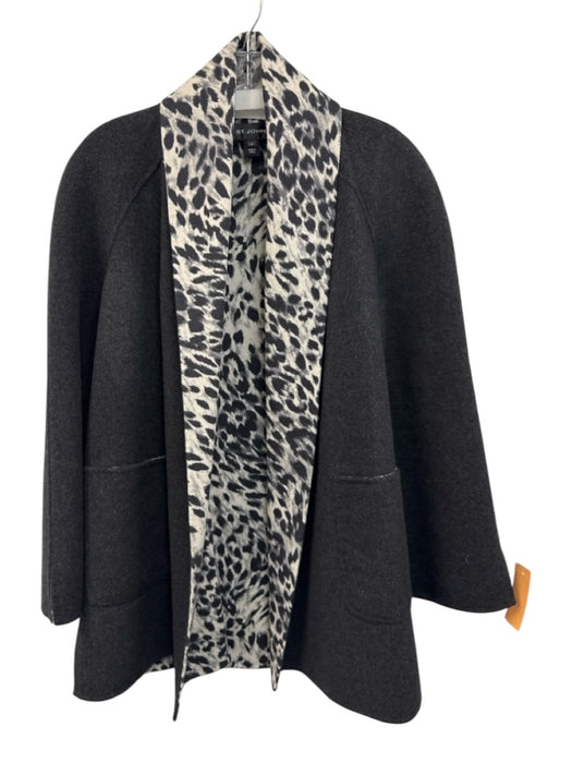 St John Size S Black & Grey Wool & Angora Open Front Wide Sleeve Leopard Coat Black & Grey / S